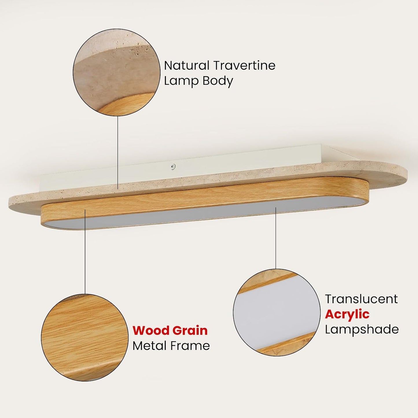 23.6 inch Wabi Sabi Travertine Ceiling Light Fixture, Natural Stone Linear Ceiling Lamp with Wood Grain Metal Frame, 3000K LED Travertine Stone Flush Mount Light for Hallway, Entrance, Corridor