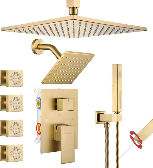 Comprehensive Shower System, Brushed Gold, 2 shower heads, 4 auxiliary heads, handhelds, thermostatic control