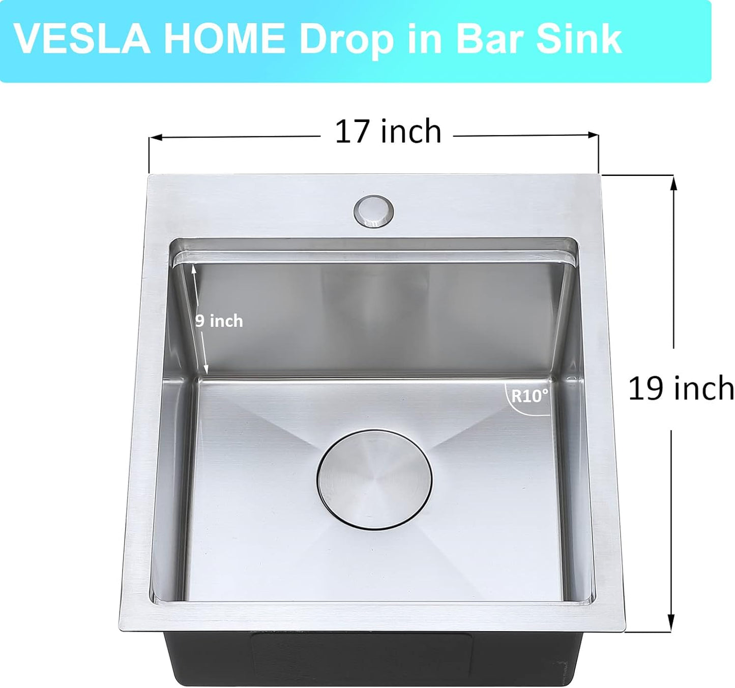 VESLA HOME Drop in Bar Sink, 17 x 19 inch Topmount Workstation RV Small Kitchen Sink, Stainless Steel Wet Bar Sink, Handmade S