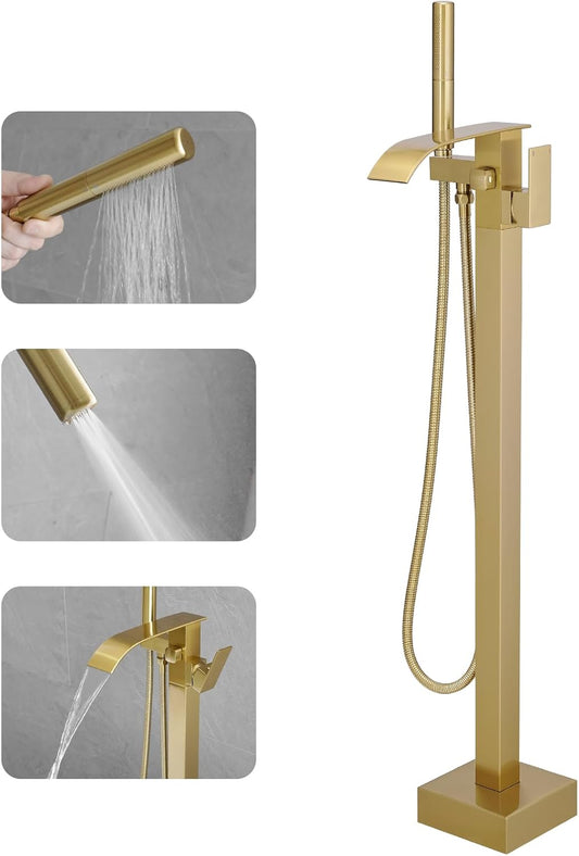 Tub Filler Freestanding Bathtub Faucet Brushed Gold Floor Mount Tub Faucet Waterfall Bathtub Filler with CUPC Certified High Flow Brass Bath Shower Fa