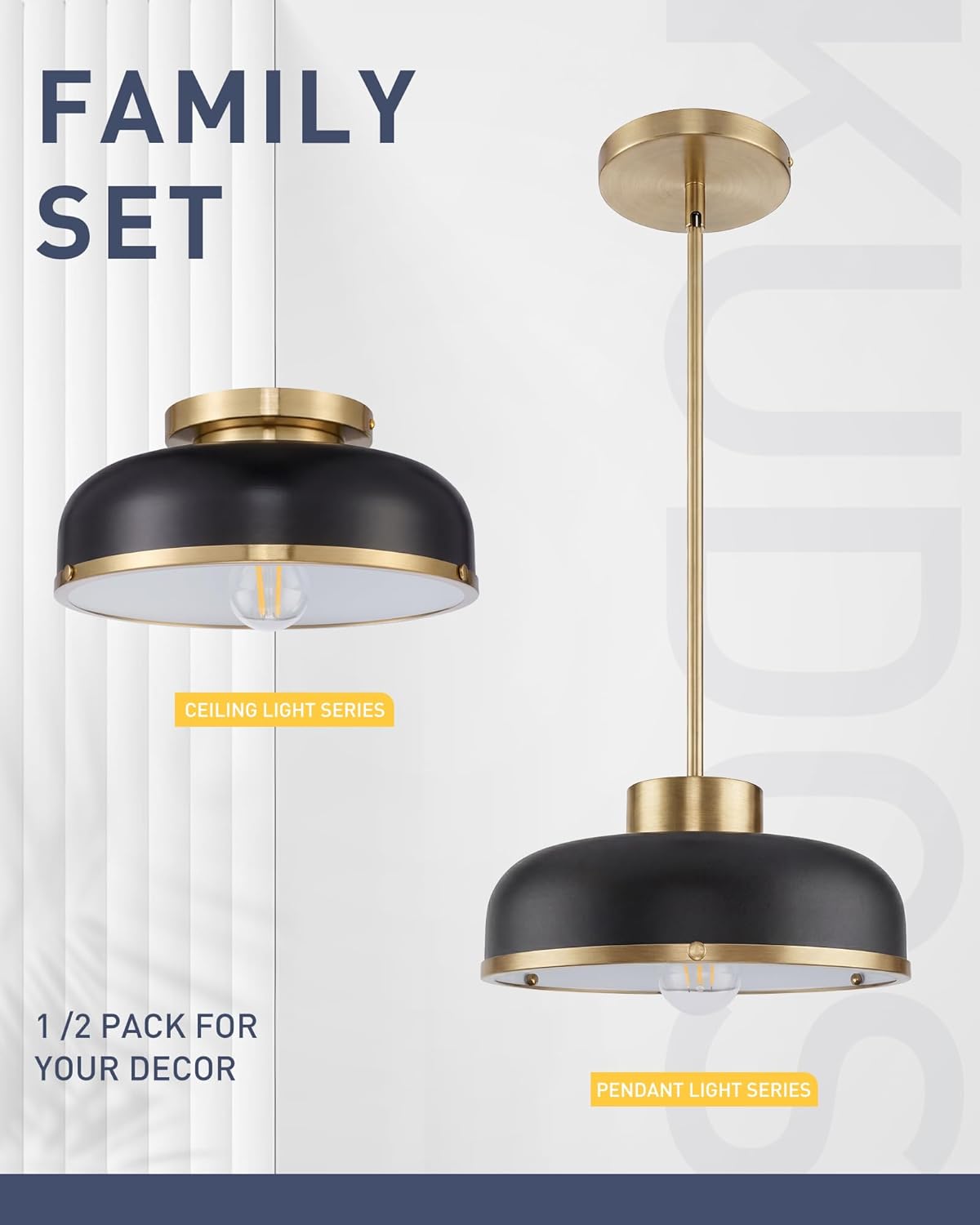 2 Pack Ceiling Light, 16 Inch Semi Flush Mount Ceiling Light, Black and Gold Ceiling Light Flush Mount, Light Fixtures Ceiling Mount for E26 Base Bedroom Hallway Dressing Room, KDCL15-BKE-2PK Black 12inch, E26 2