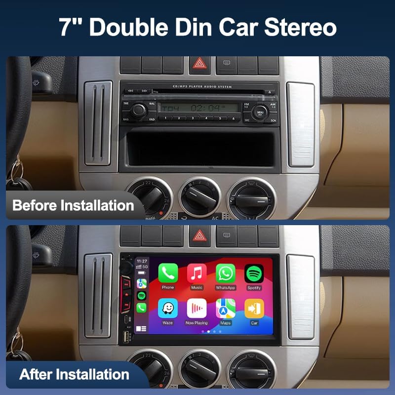 Double Din Car Stereo with 7" HD Touchscreen Wireless Carplay & Android Auto, Bluetooth,SWC, Subwoofer Output, Mirror Link, FM Radio (7inch Double DIN Radio)