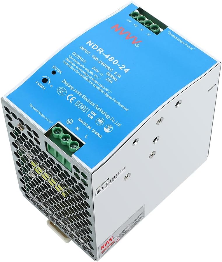 NDR-480-24 24VDC 20 Amp 480W Industrial DIN Rail Power Supply Built-in Active PFC Function Silver+Blue