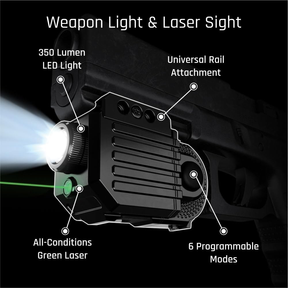 Laser/Gun Light, Hidden Anti-Theft/Loss Case for AirTag or Tile Sticker, Universal Rail, All-Conditions Green Laser, Rechargeable Battery, 350 lumens