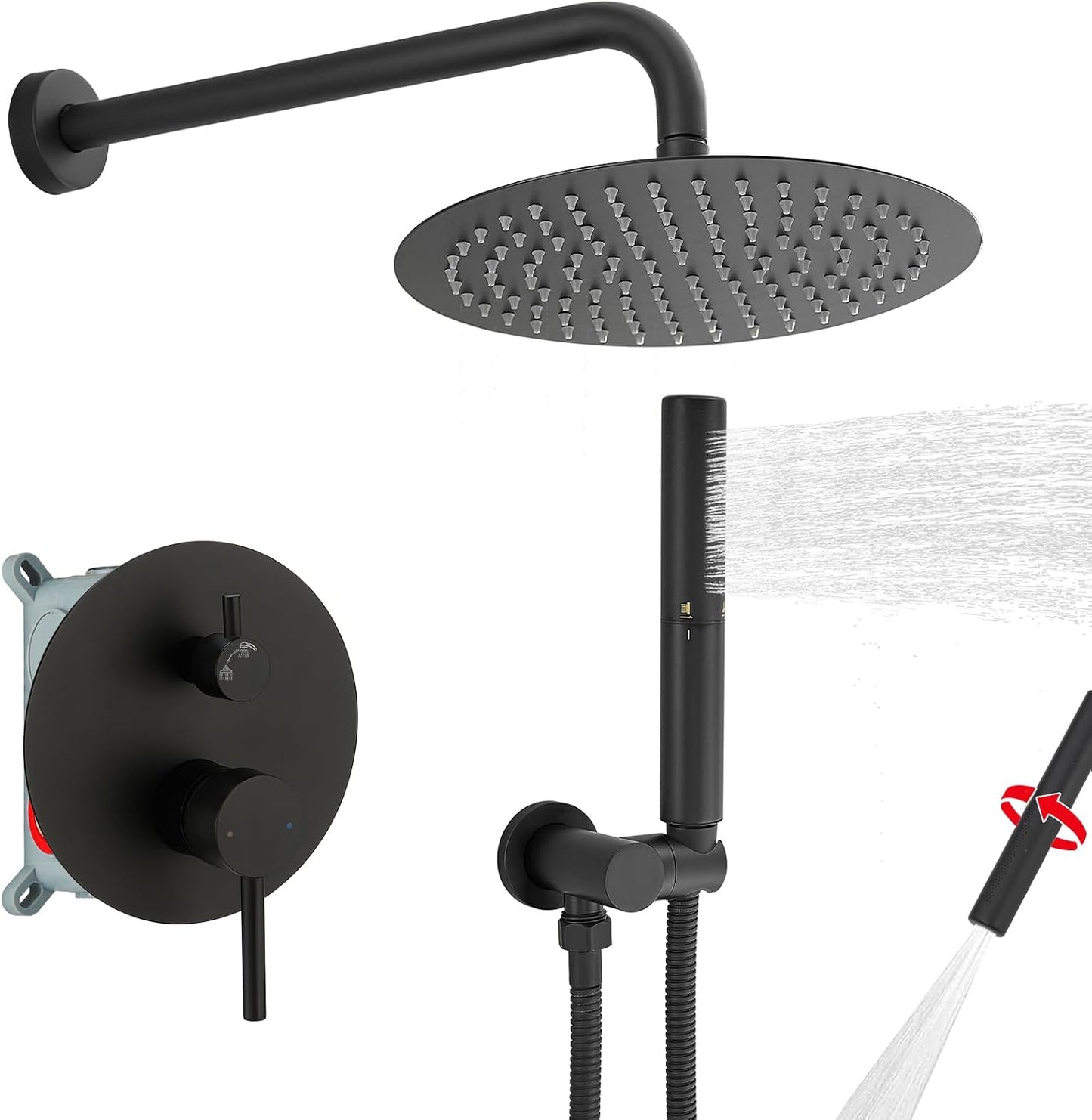 BESy Shower System with 10 Inch Round Rain Shower Head and Handheld Wall Mounted, High Pressure Rainfall Shower Faucet Fixture Combo Set with 2 in 1