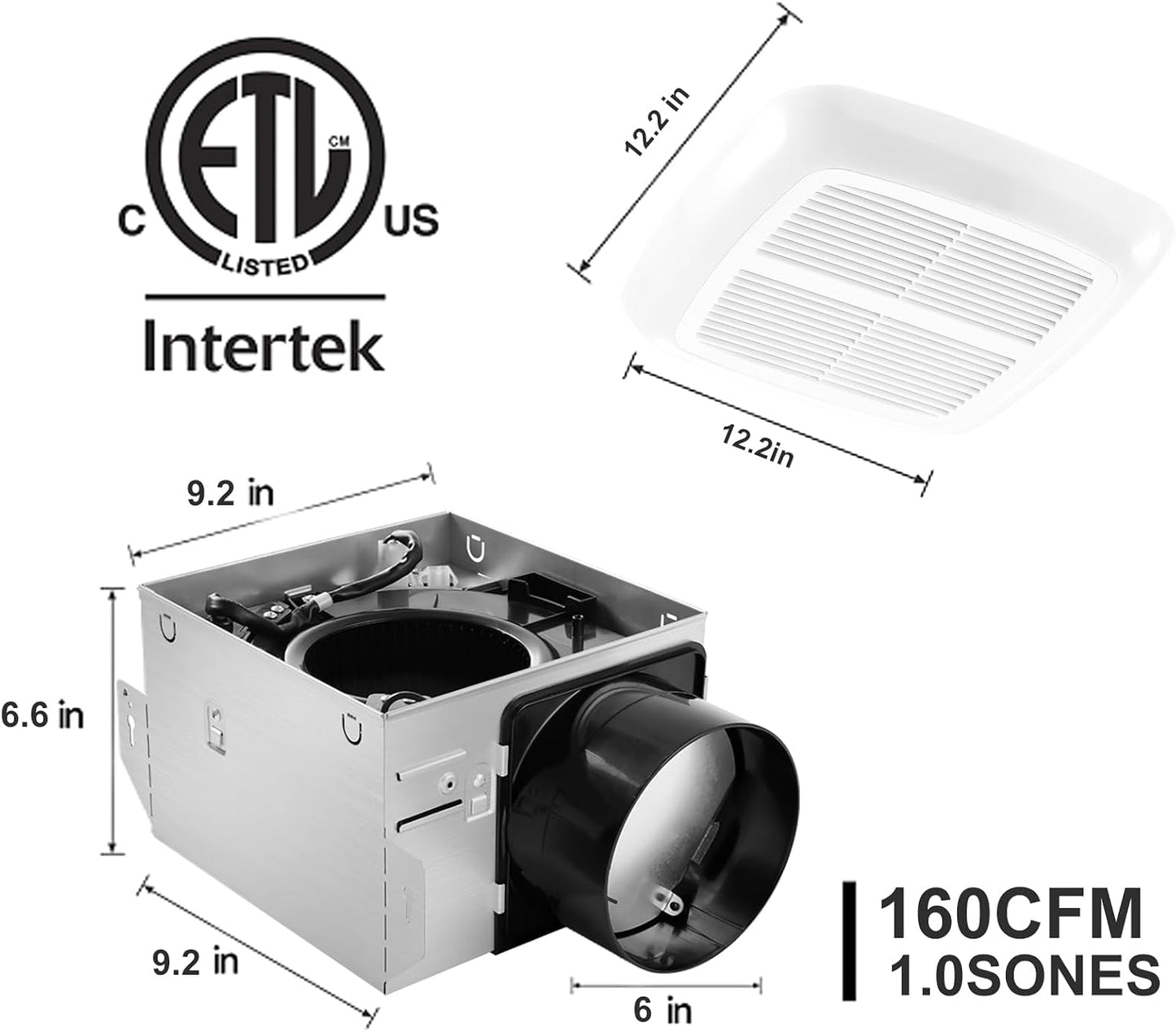 Bathroom Fan with Light, White | 160 CFM 1.0 Sone, 6 Inch Duct, 1000lm Dimmable 5CCT LED Light with Night Light, Easy to Install, Ceiling Mounted
