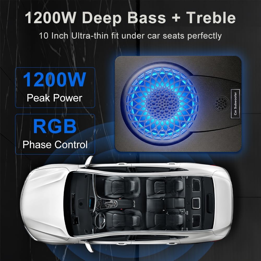 litillbuly 1200W 10'' Car Subwoofer Ultra-Thin Underseat Subs AMP Package | High/Low Level Inputs, Colorful LED Breathing Light Remote Control Enhanced Bass for Truck/SUV/Car/Jeep/MPV