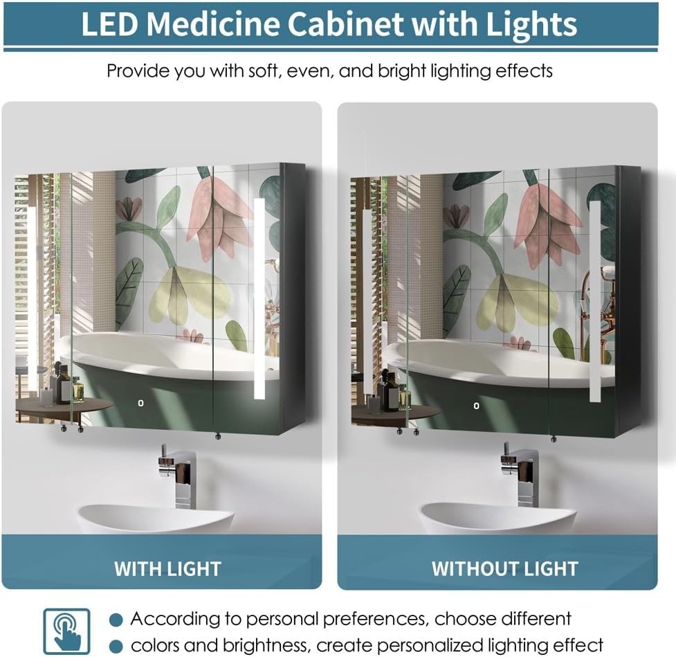 36 inch X 26 inch LED Lighted Bathroom Medicine Cabinet with Mirror, Surface Mount