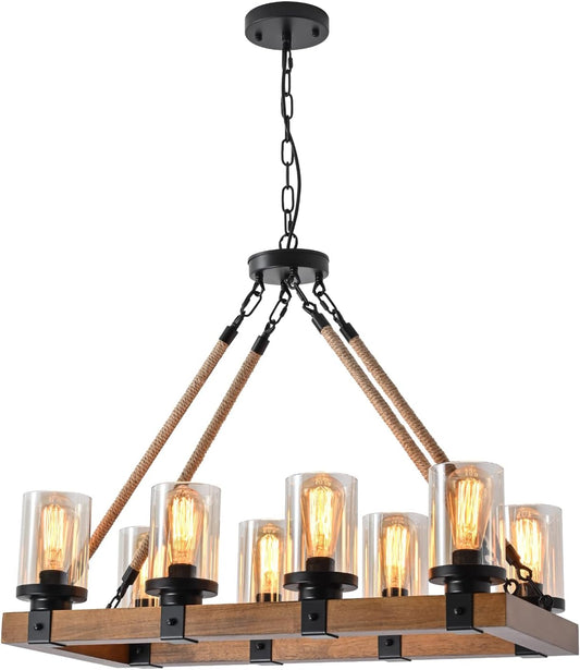 8-Light Farmhouse Chandelier Kitchen Island Light Fixture, Wood Chandeliers, Candle Pendant Light, Glass Lodge and Tavern Pendant Lighting 480W Max