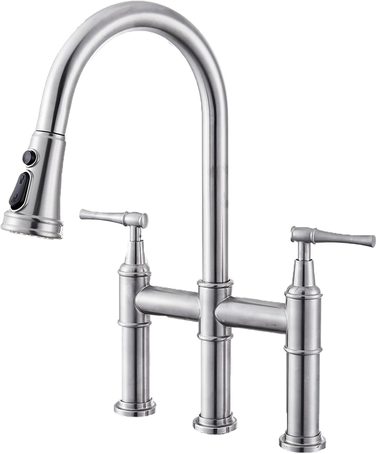 Brushed Nickel 3-Types Water Bridge Kitchen Faucet with Pull-Down Spray-head, 3 Hole Farmhouse Kitchen Sink Faucet