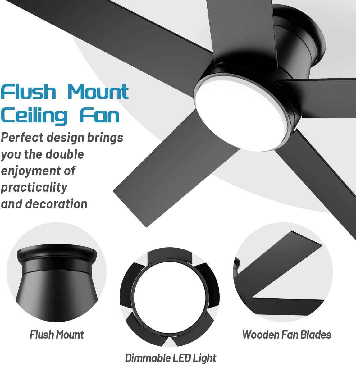 60 inch Flush Mount Ceiling Fan Black Ceiling Fans with Lights 6 Speeds DC Reversible Motor, Timing, Dimmable, 5 Blade