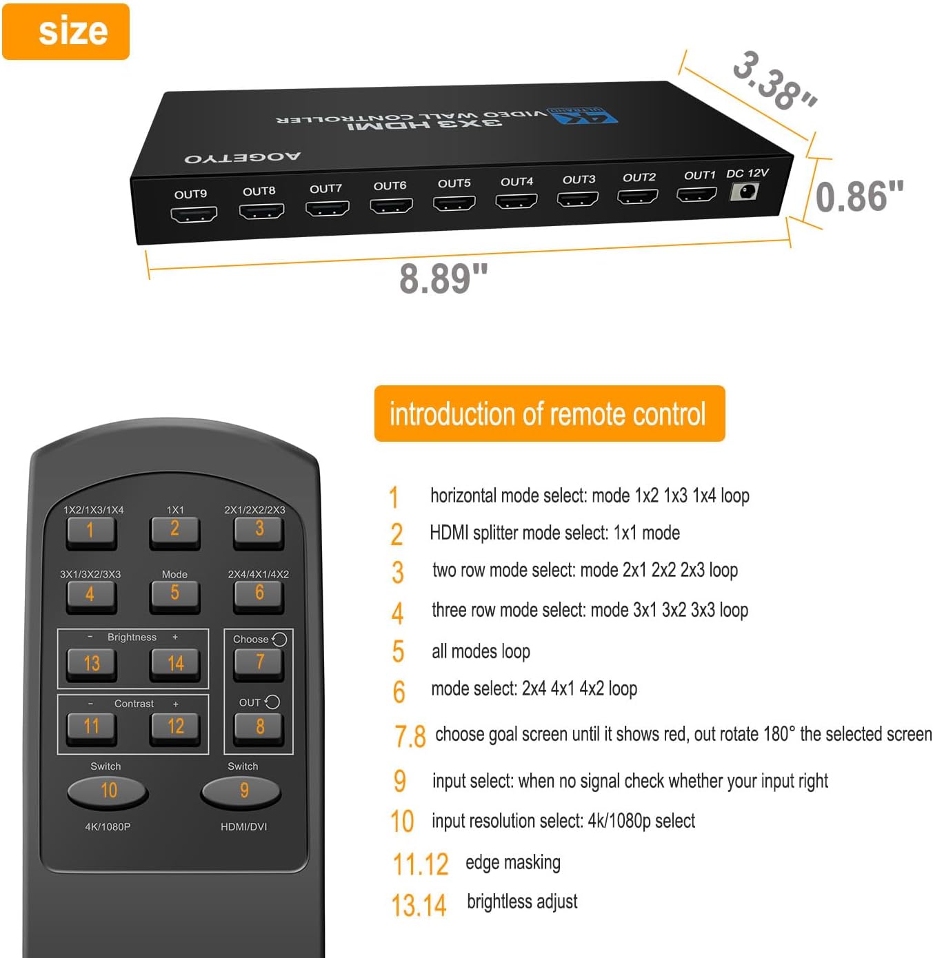 Video Wall Controller 3x3 HDMI Video Image Processor, Support 3840x2160/30HZ HDMI Input & DVI Input, 9-Screen Splicing