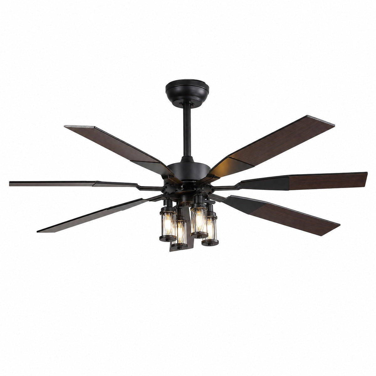 62 Inch Large Ceiling Fan with Light, Energy Efficient DC Motor 6‑Speed Reversible Fan, Dual‑Finish Walnut & Matte‑Black Blades, 4‑Head E12 Light Kit, For Living Room Bedroom Covered Patio