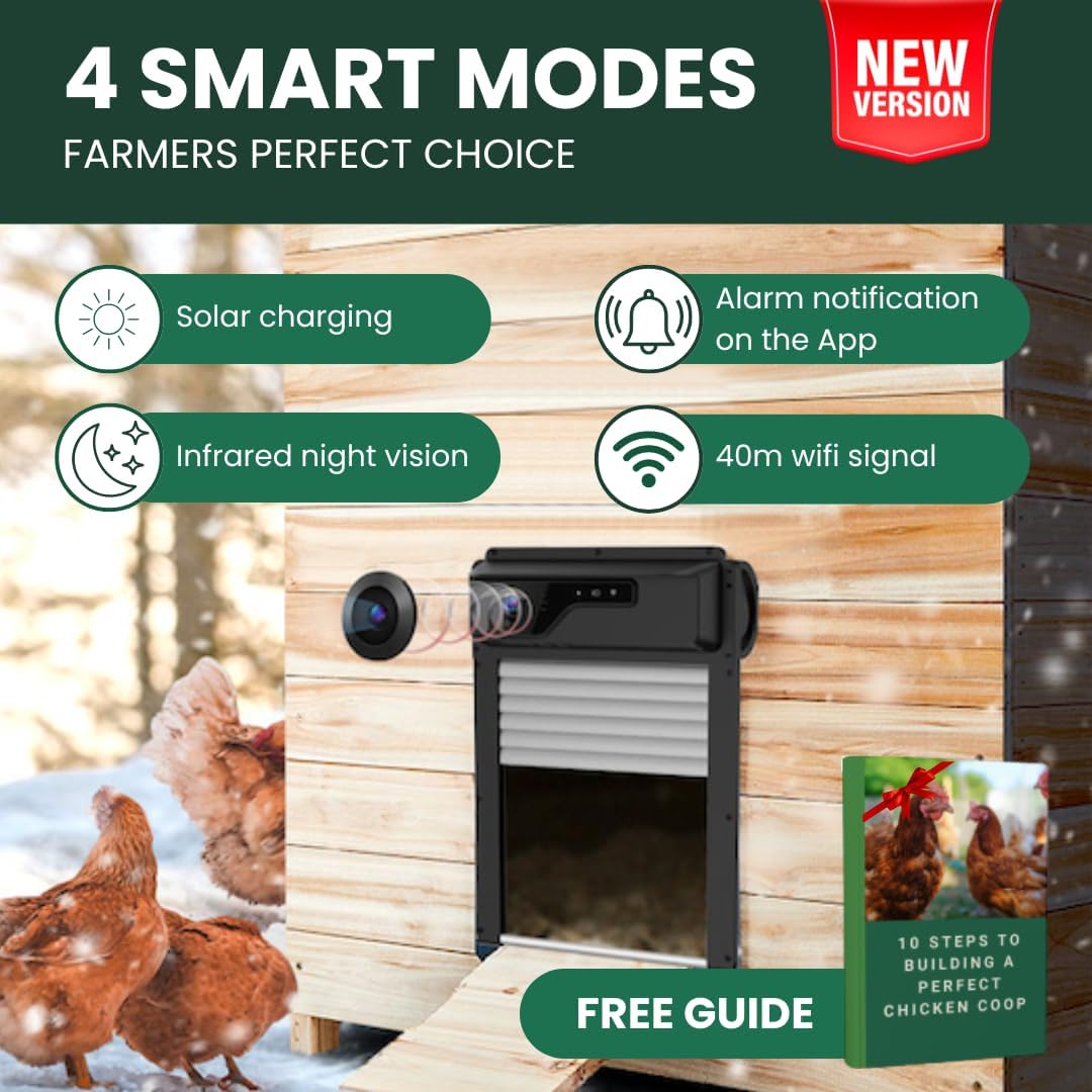 Automatic Chicken Coop Door HD1080p Surveillance Camera WiFi, Solar Powered + Free Guide | 5000mA Battery 100% Night Vision with Remote, Timer, App &