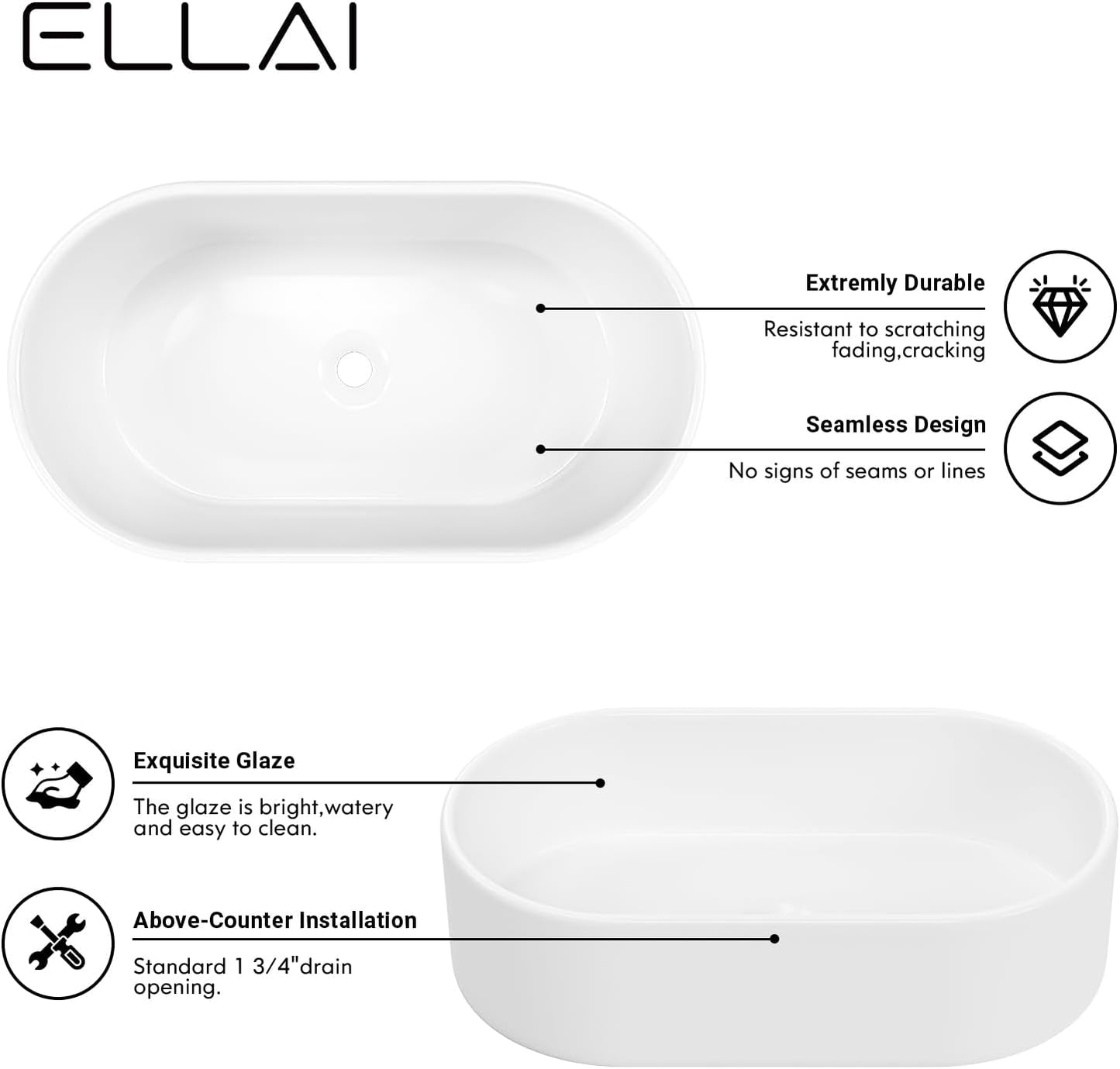 Oval Vessel Sink Bathroom Sink Above Counter Bowl Sink Porcelain Ceramic Countertop Basin, Glossy White 22'x13.8'x5.5'