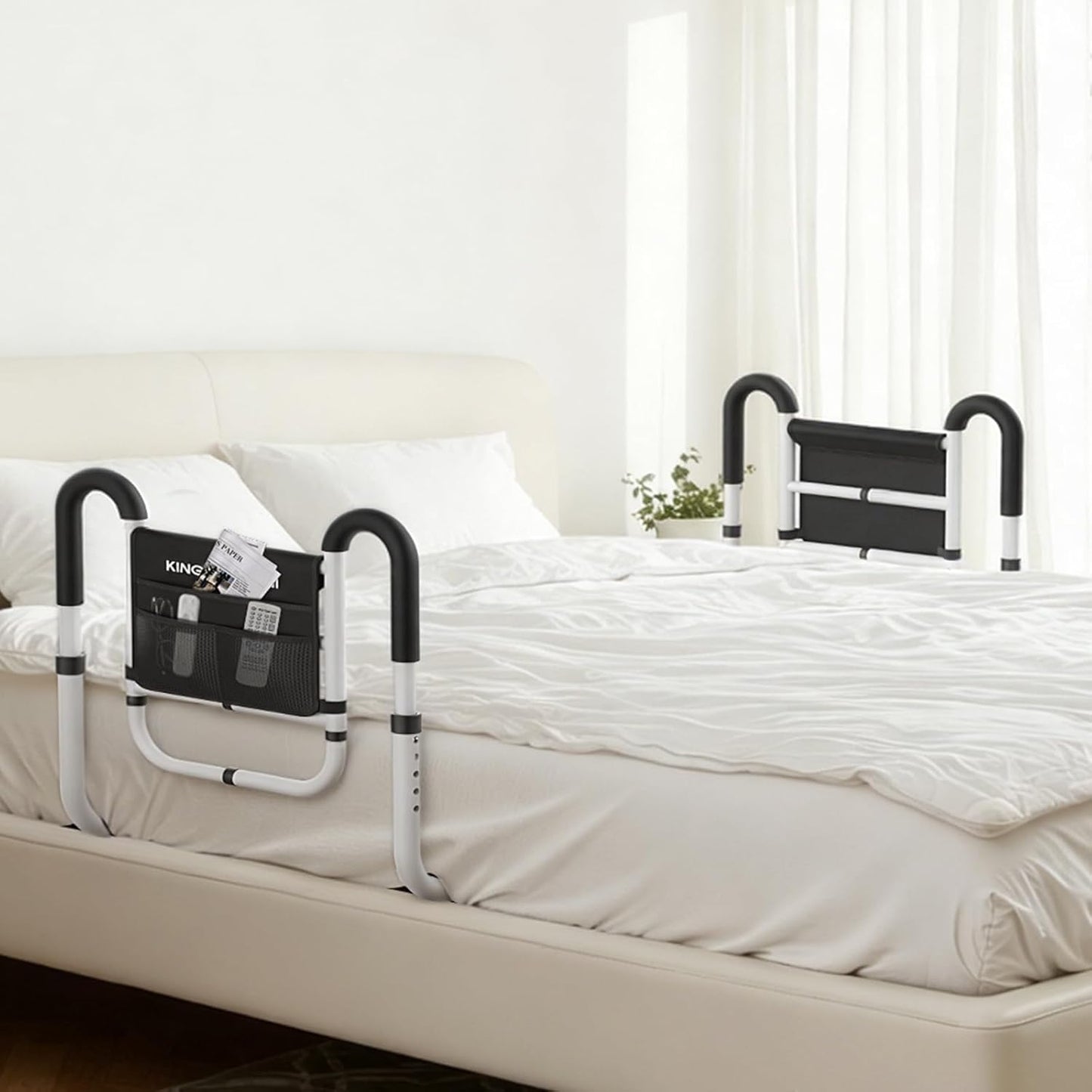 KingPavonini Dual Side Bed Rails for Elderly Adults Safety ASTM-Approved, 2026 Upgrade Ergonomic U-Handles & 4-Bar Anti-Tip Support, 350lb Bed Rails for Seniors with Storage Bag, No-Tools, Model BM10