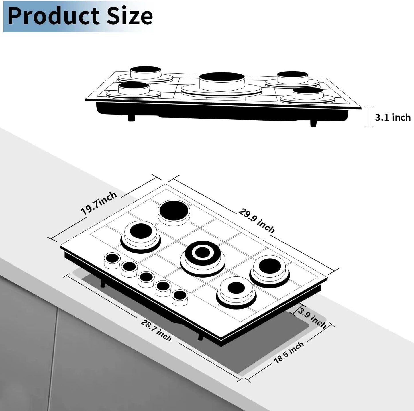 Gas Cooktop 30 Inch, Built-in 5 Burners Gas Stovetop Stainless Steel LPG/NG Convertible Gas Stove Dual Fuel Sealed Gas Cooktop