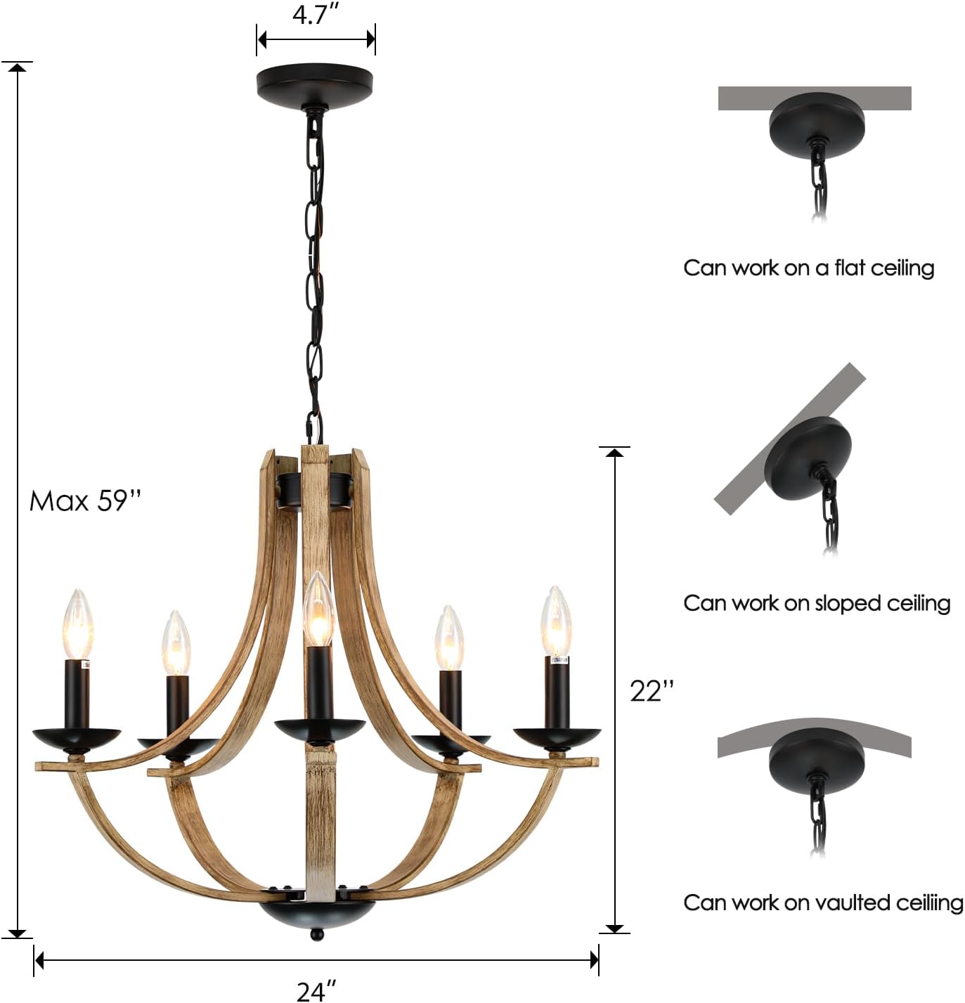 Farmhouse Chandeliers for Dining Room Light Fixture, 5-Light 24 inch Faux Wood Texture Hanging Lighting Fixtures, Rustic Candle Chandeliers for