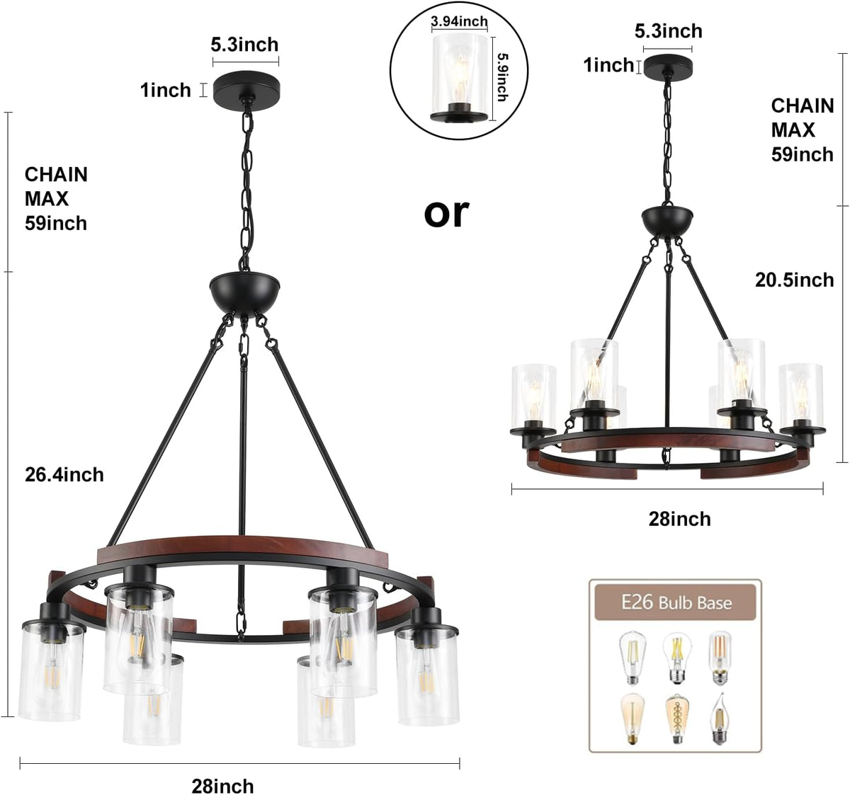 28 Inch Wagon Wheel Chandelier, 6-Light Round Farmhouse Chandeliers Wood Large Dining Room Pendant Light Fixture with