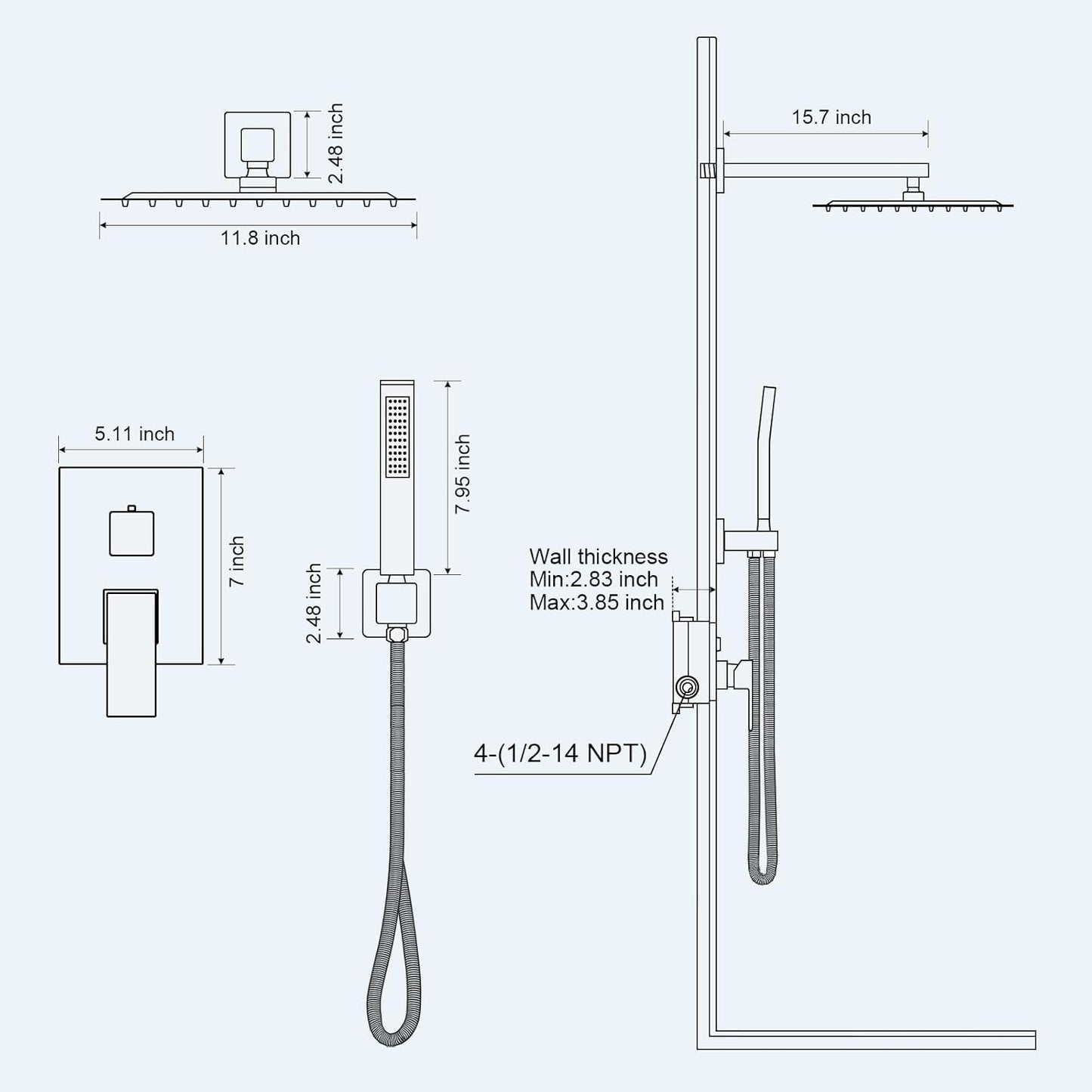 Baetuy 12 Inch Shower Faucet Set, Rainfall Shower System with High Pressure Handheld Shower Head and Square Fixed Shower Head,Spray Wall Mounted