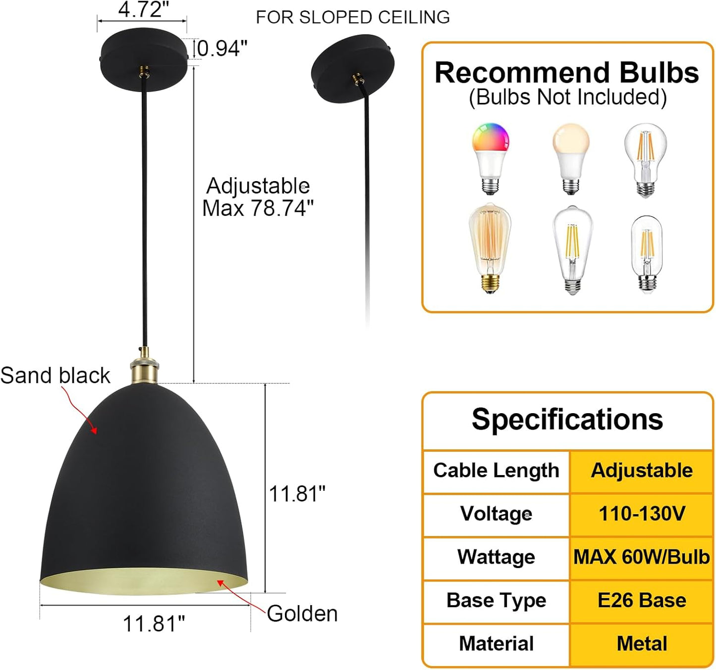 2 Pack 11.8' Diameter Modern Minimalist Black and Gold Pendant Lights - Suitable for a Variety of Styles and Scenes