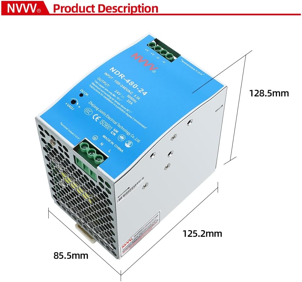 NDR-480-24 24VDC 20 Amp 480W Industrial DIN Rail Power Supply Built-in Active PFC Function Silver+Blue