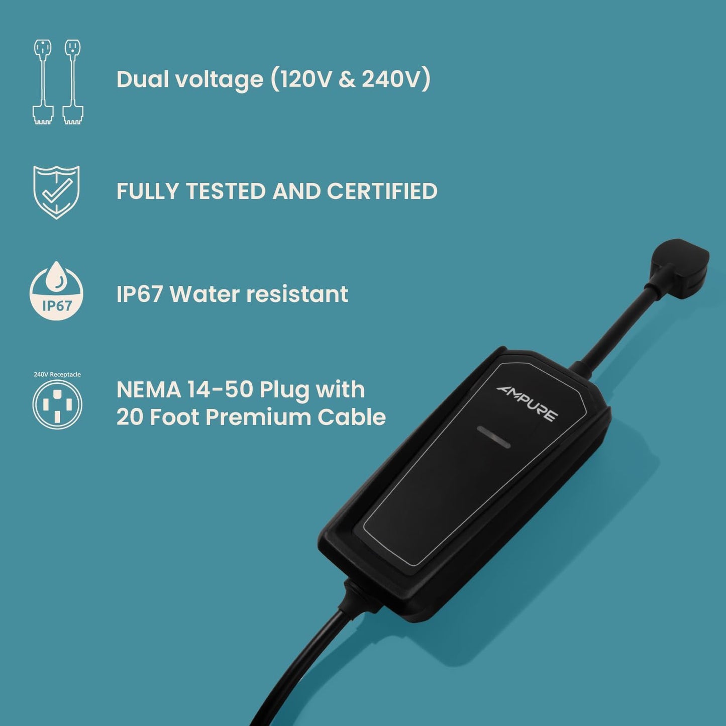 Ampure GO - Level 2 EV Charger - Plug in - 120/240v 32A - Indoor/Outdoor - Fast Charging Electric Car Charger - Nema 14-50 - Portable - UL Energy