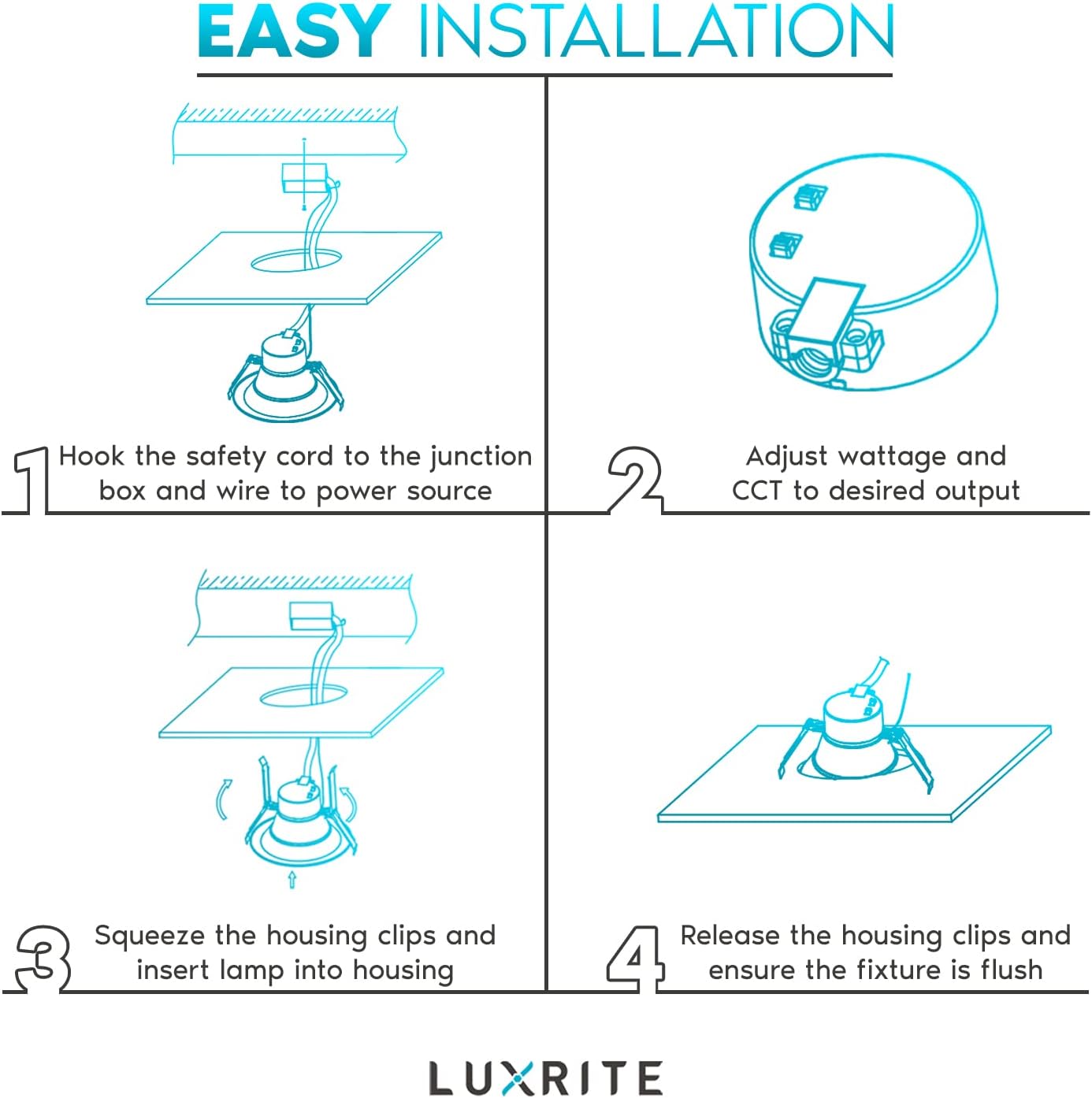 LUXRITE 4 Inch Commercial LED Recessed Light with J-Box, 9/12/15W, 3 Color Selectable 3000K-5000K, 810/1080/1350 Lumens, 0-10V Dimmable, 120-277V,