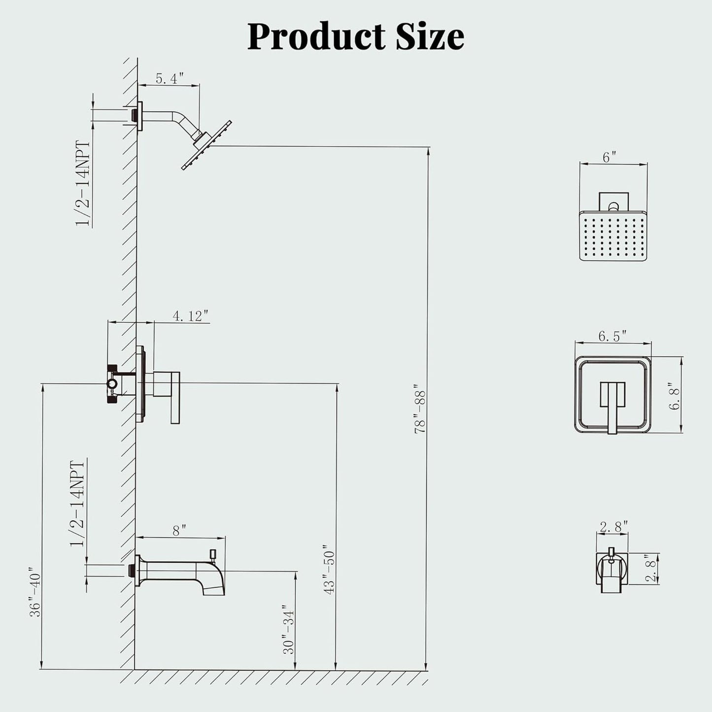 Gabrylly Shower Faucet Set, Bathtub Faucet with 6&#34; Rain Black Shower Head and Handle Set, Single-Handle Tub Shower Tr