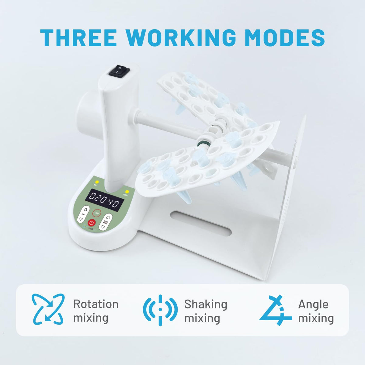 3D Mini Tube Rotator, Adjustable 10-40RPM Lab Tube Mixer with 3 Mixing Modes, Multi-Angle Rotation 20°-99°, Fits 0.5/1.5/2/5/7/10/15/50ml Centrifuge Tubes, Compact Rotating Mixer for Laboratory Use
