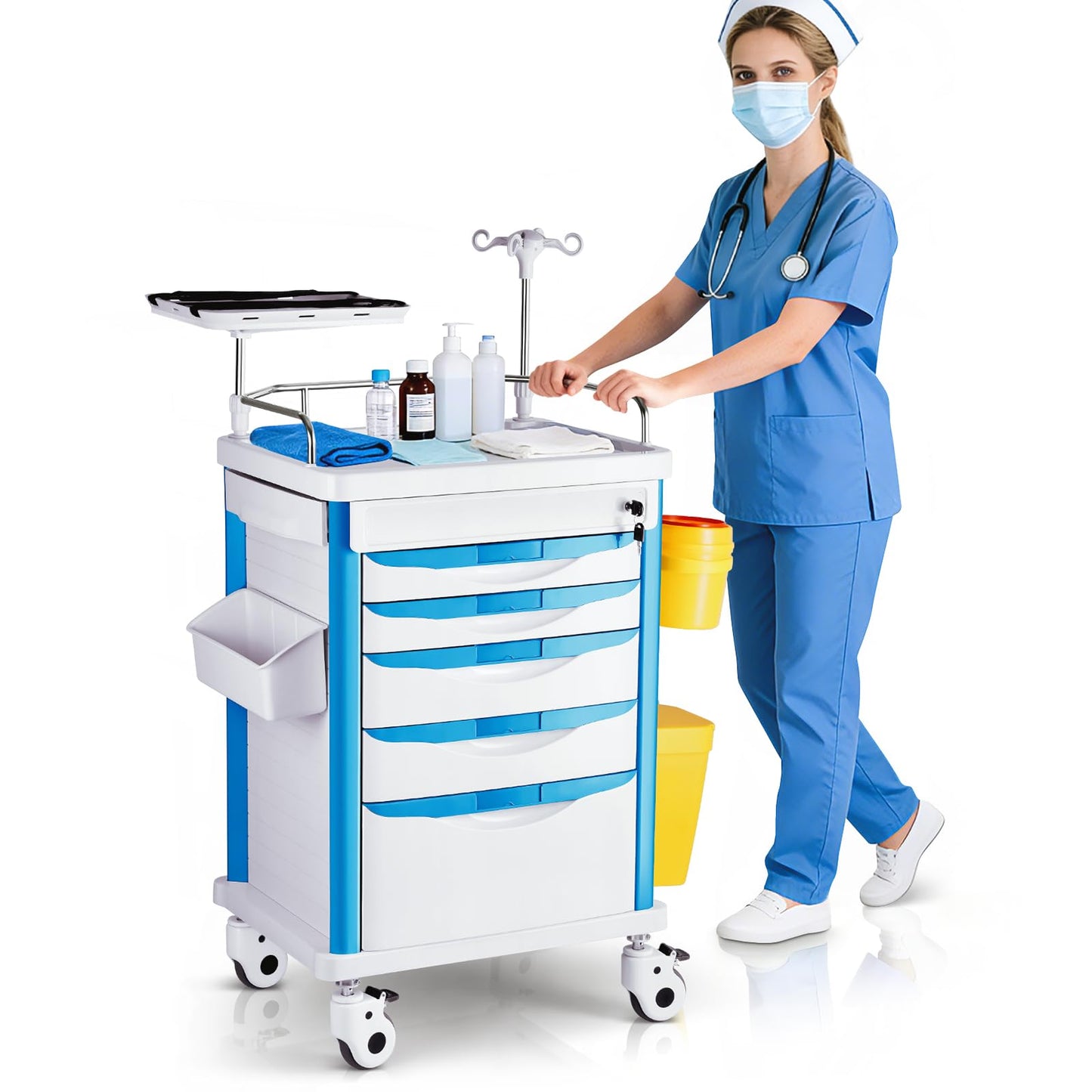 Crash Cart Medical ABS Material, Medical Cart with Drawers, Adjustable IV Pole, Silent Casters, Trash Bins, O2 Holder, Needle Disposal Holder, CPR Board, Nursing Cart for Hospital Clinic 5 Drawers
