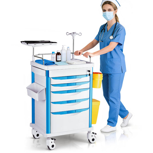 Crash Cart Medical ABS Material, Medical Cart with Drawers, Adjustable IV Pole, Silent Casters, Trash Bins, O2 Holder, Needle Disposal Holder, CPR Board, Nursing Cart for Hospital Clinic 5 Drawers