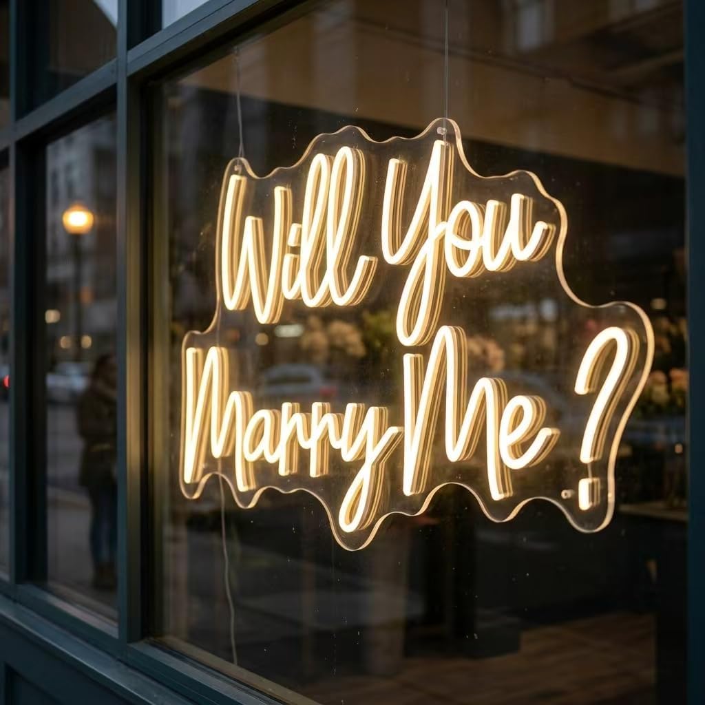 Will You Marry Me Neon Sign, 23"×14.6" Warm White LED Neon Light for Proposal Wedding Wall Decor, Adapter Powered Romantic Neon Sign