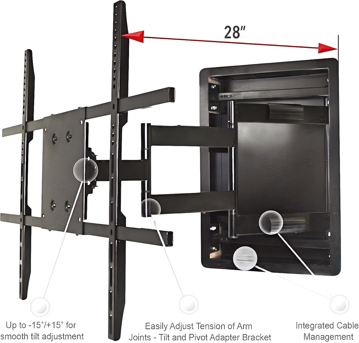 Recessed in Wall TV Mount, 28-Inch Extension and Cable Management