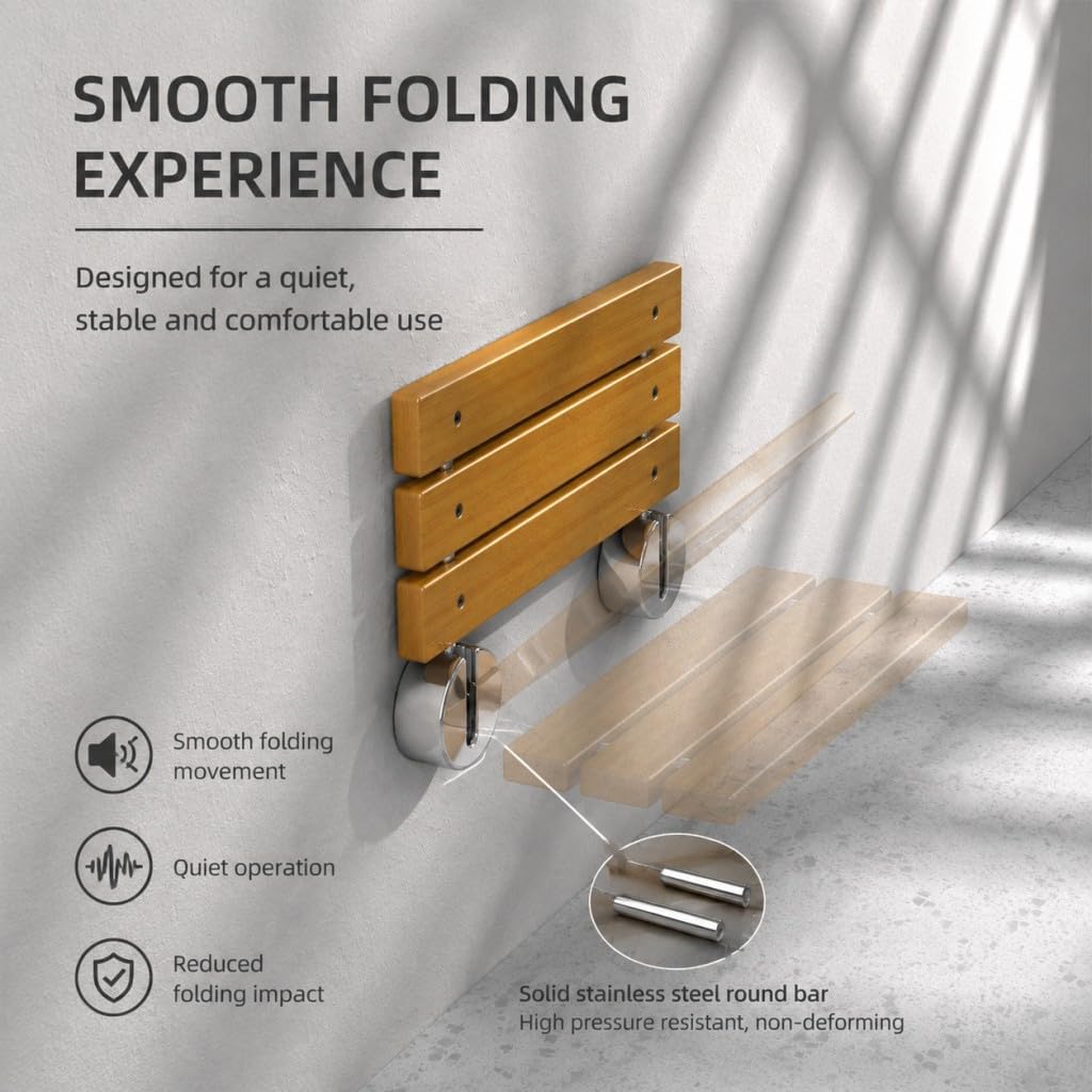 Wall Mount Folding Shower Seat, Teak Wood, 400lb Capacity, Stainless Steel