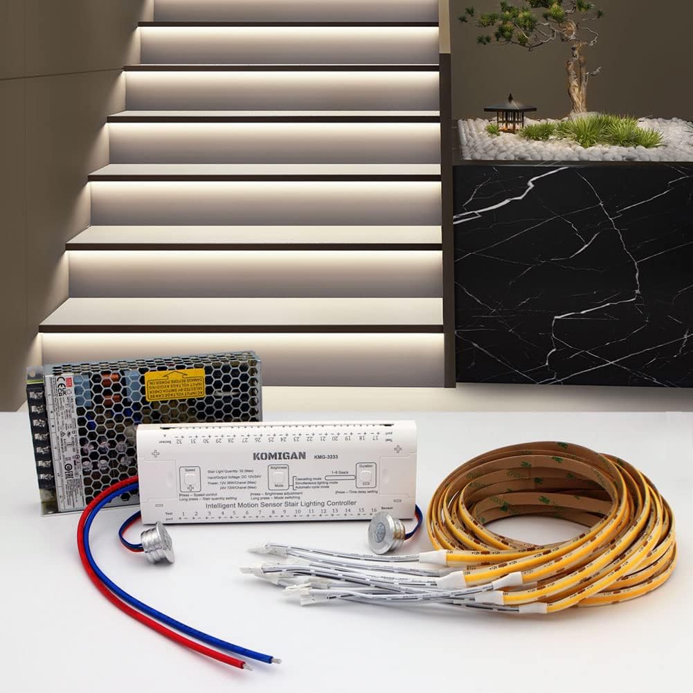 KOMIGAN Intelligent Motion Sensor LED Stair Lighting Kit KMG-3233, 60 Inch (150 cm) Long Cuttable LED Strip Light for Indoor LED Stair Lights LED