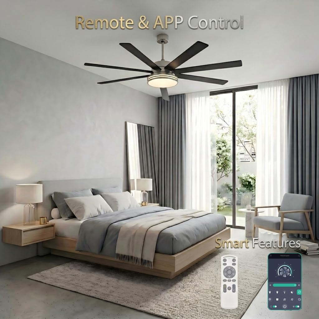 62 Inch Ceiling Fan with Light, Brushed Nickel 7 Blade Reversible DC Fan, App & Remote Control, 3 Color Dimmable LED for Large Living Spaces