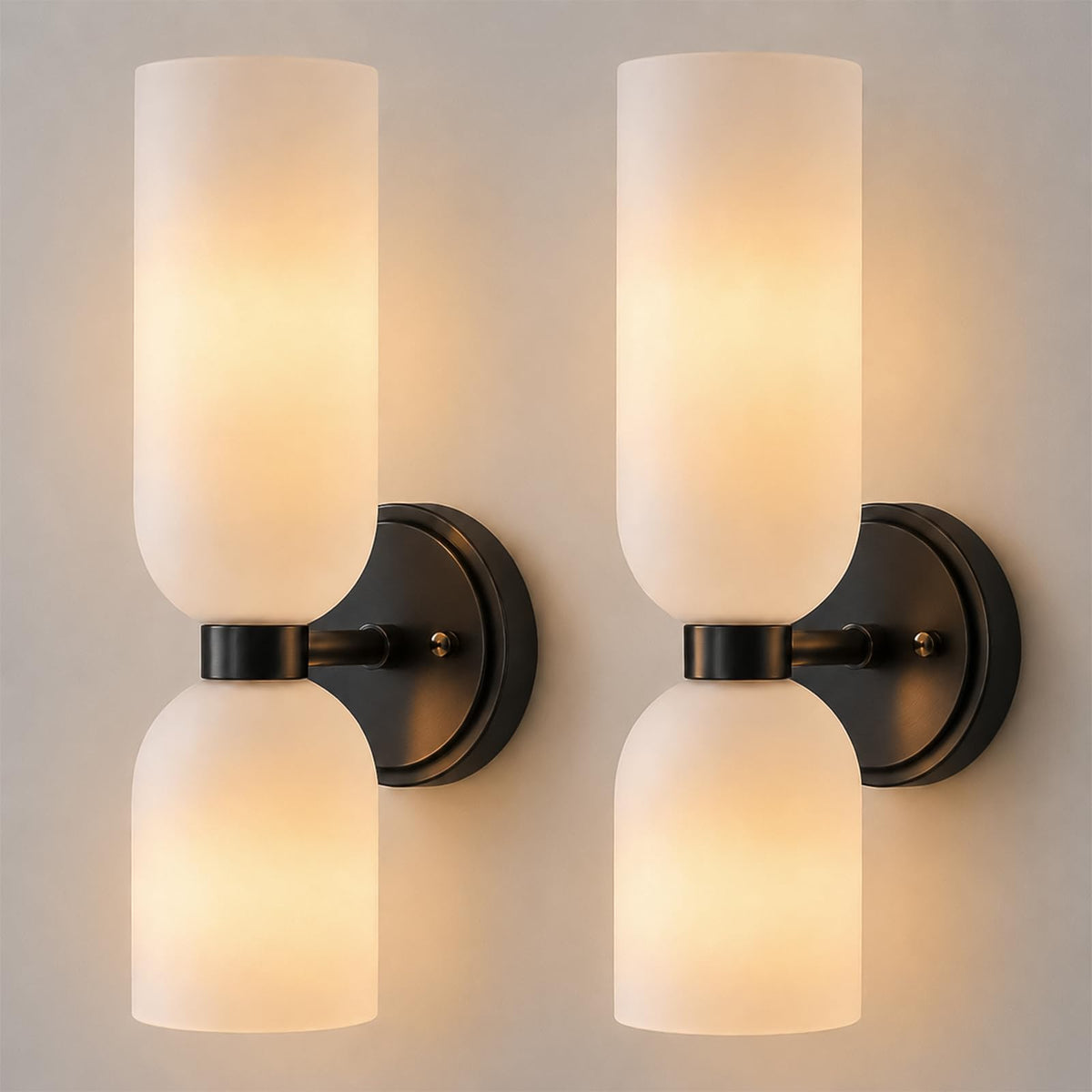 Black Wall Sconces Set of 2 - Frosted Milk Glass Dimmable Light Fixtures