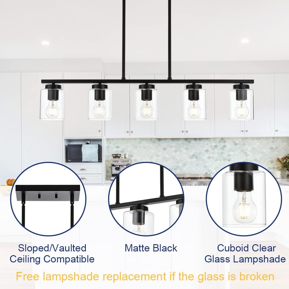 TODOLUZ Black Kitchen Island Pendant Lighting, 5-Lights Farmhouse Hanging Pendant Light Fixtures with Clear Glass Shade for Dining Room Pool Table