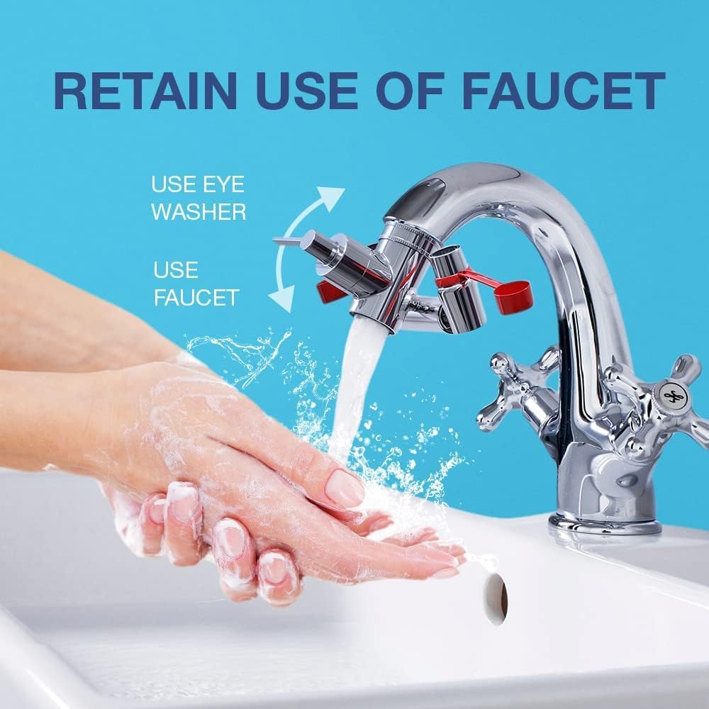 Skywin Faucet Mounted Emergency Eyewash Station with Ball Lock Safety Lever, Adjustable Dual Nozzles, Brass Body, 3 Faucet Adapters, Fits Standard Faucets, Emergency Eye Rinse Kit for Home or Lab Use