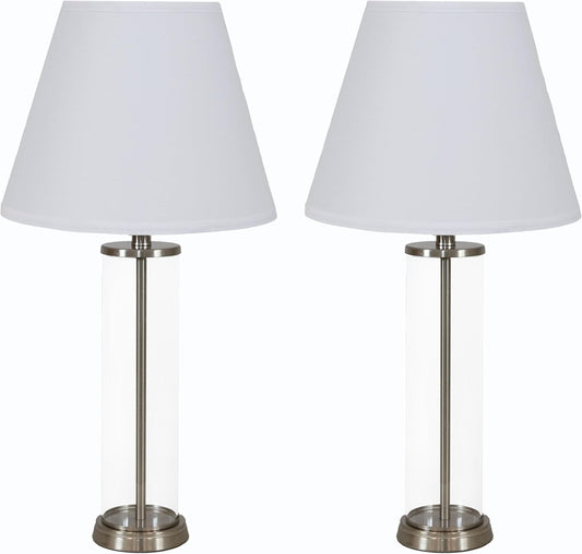 Cylinder Glass Table Lamp Set of 2 with Shade - 27.5' H - Indoor Modern Accent Lamps with Clear Base - Plug-in Electric