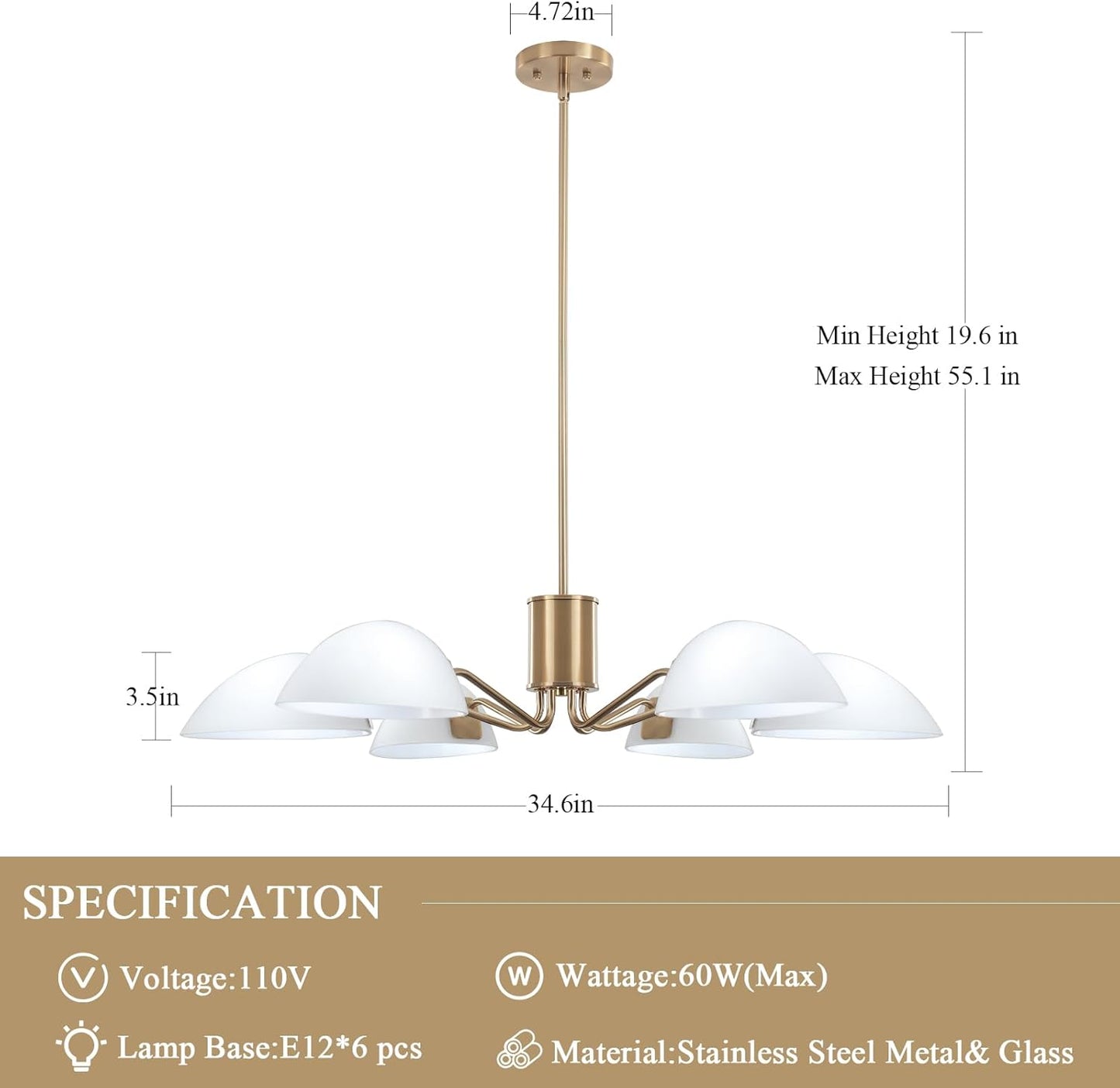 ADSENSTY 6 Light Gold Chandelier Light Fixture Modern Chandelier for Dining Room Gold Pendant Lighting Fixture Glass