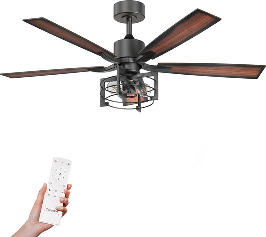 Consciot 52 Inch Ceiling Fan With Lights, Farmhouse Indoor Ceiling Fan With Remote, Quiet Reversible DC Motor, 5 Double Finish Wood Blades, Dimmable