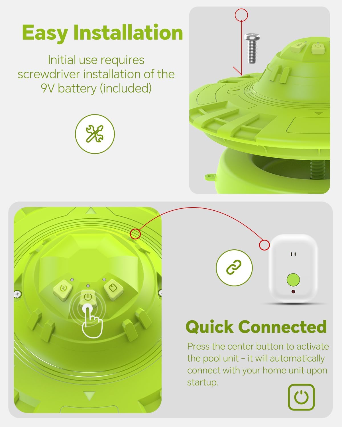 Pool Alarm, Floating Pool Safety Alarms for Inground & Above Ground Pools – Loud 110dB Alert, Adjustable Sensitivity, Protection for Kids & Pets (Green)