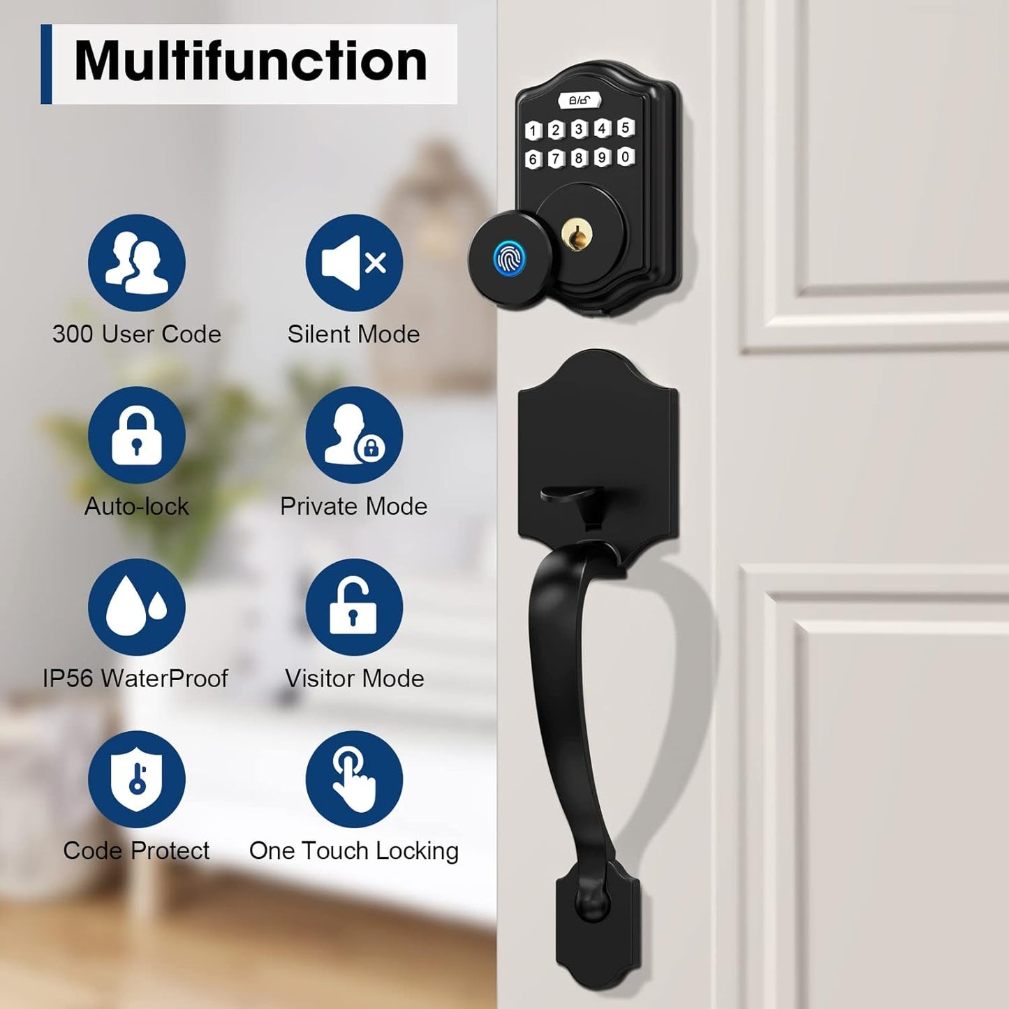 Fingerprint Front Door Lock Set, Guarder Keyless Entry Door Lock with Handle, Electronic Keypad Deadbolt with Fingerprint/Keypad Code/Keys, 300 Users