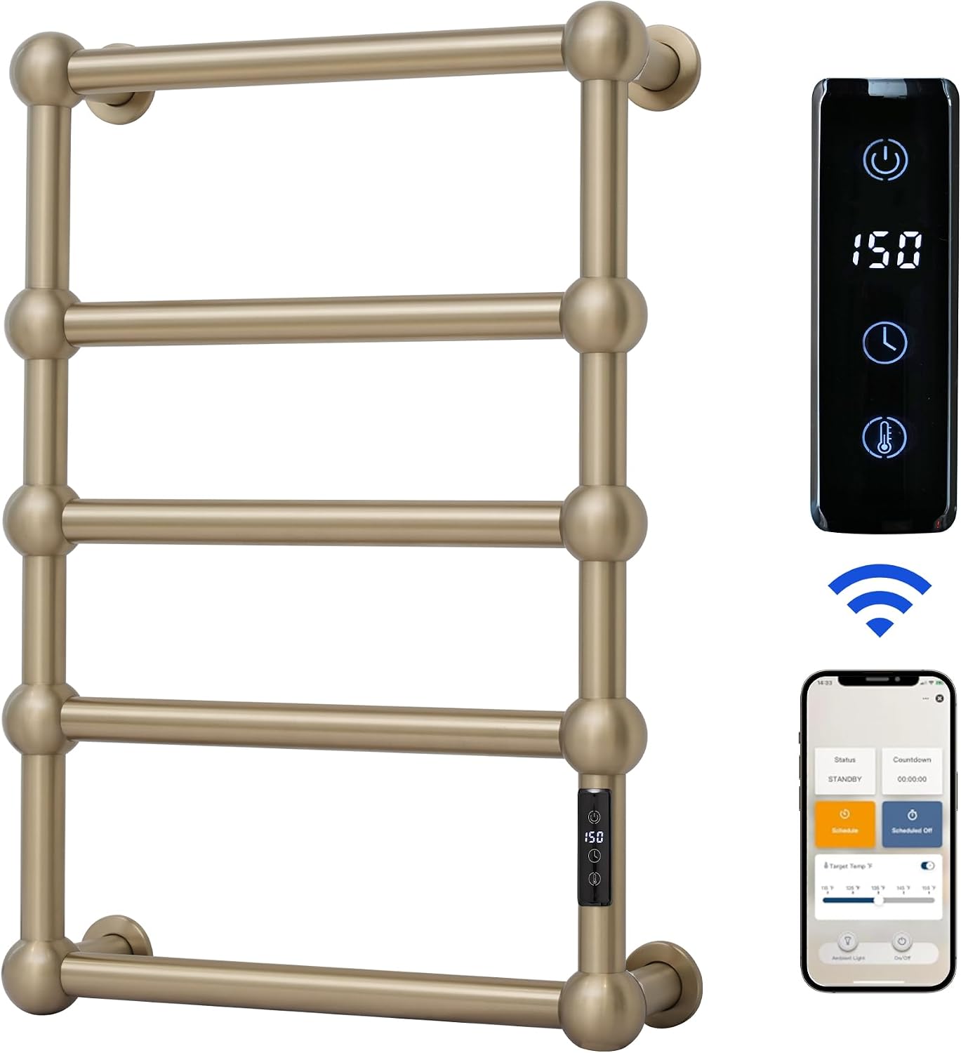 Electric Heated Towel Warmer Rack for Bathroom with Voice Control Alexa & Google Home,TUYA Wall-Mounted,Plug in,Stainless Steel,Brushed Brass,27.56 * 19.69 * 4.92 in,Sphere,Space Saving 5 Bar Brushed Brass With Wifi & Sphere