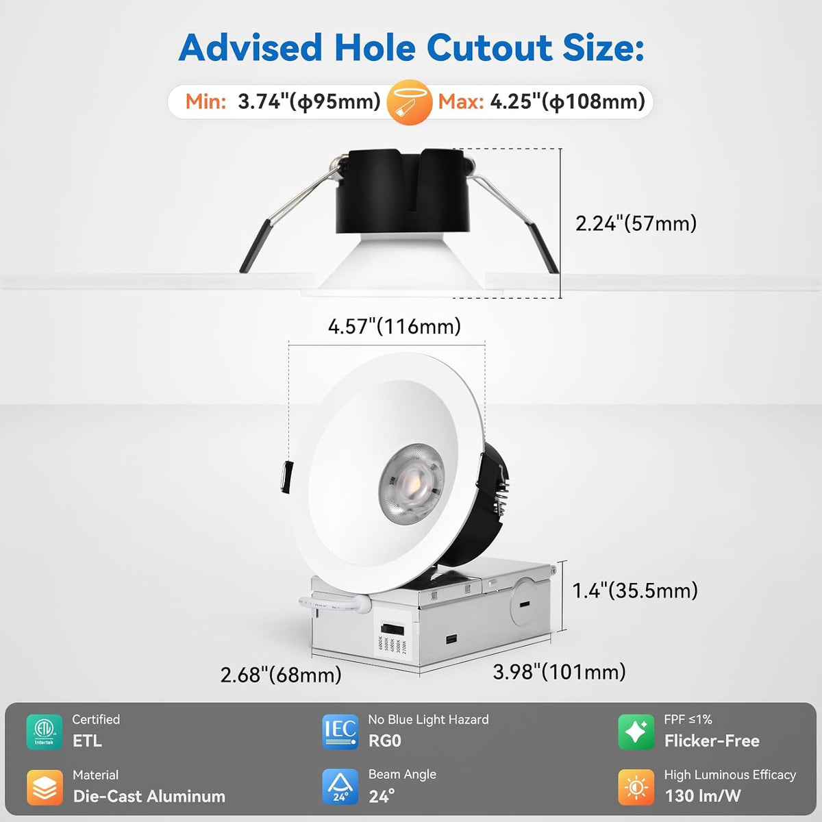 CycevSun 4 Inch Anti Glare Recessed Light with Night Light 6-Pack
