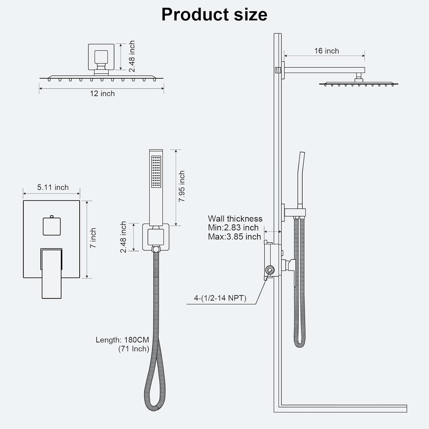 Gold Shower Faucet Set, Rainfall Shower System with Rain Shower Head and Handle Set, Wall Mounted Shower Fixtures, Full Metal Trim Repair Kit 12 inch