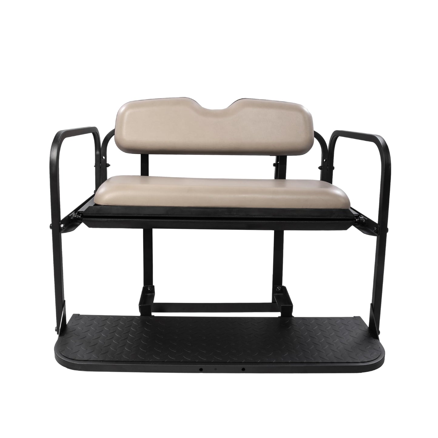 EZGO RXV Golf Cart Flip Folding Rear Seat Kit, Stone Beige Cushions, Black Powder-Coated Frame, Plastic Footrest, Cooler Box Cutout, Fit for both Pre-2015 and 2016+ Models