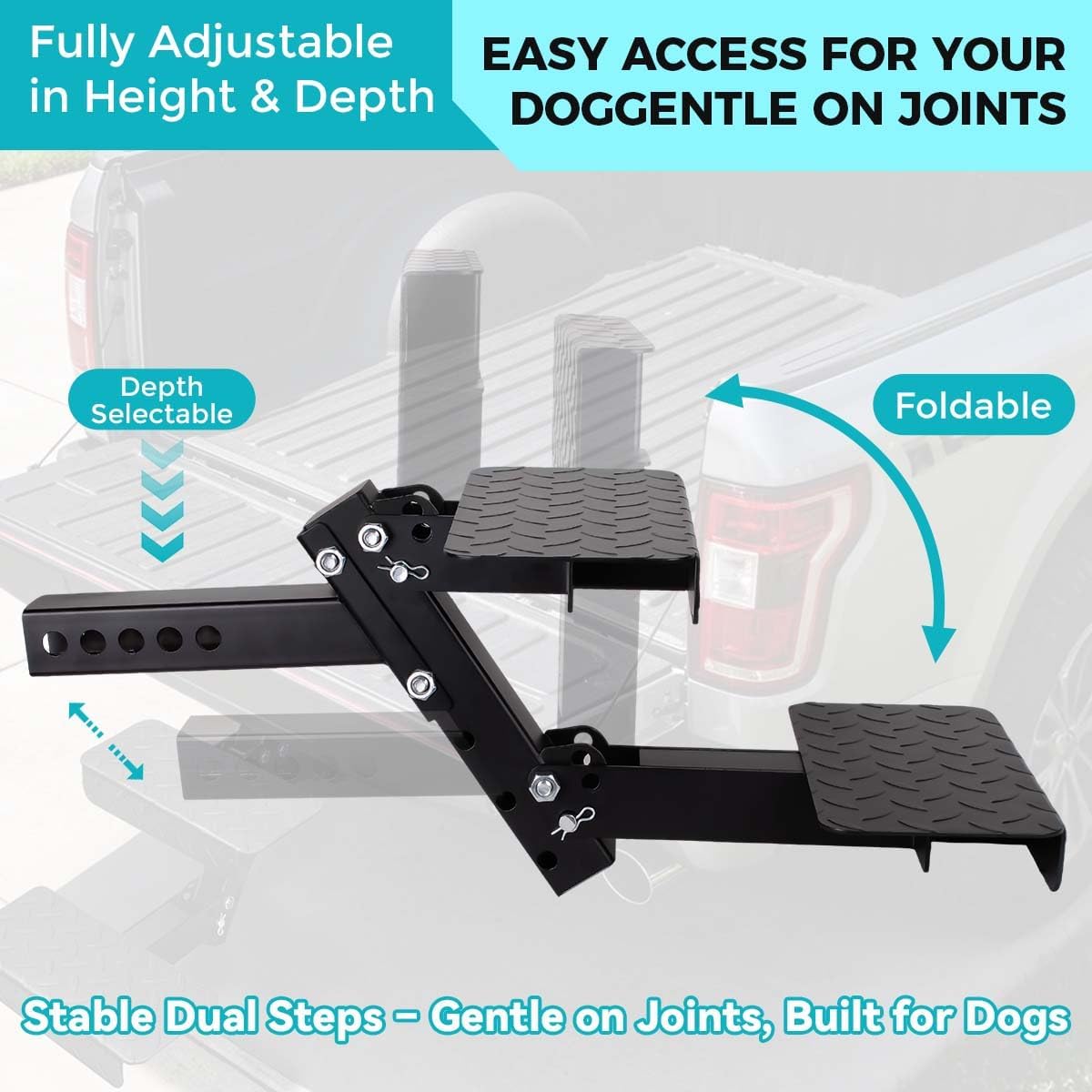12" Wide 2-Step Folding Trailer Pet Hitch Step for 2" Receiver -Heavy Duty 2 Step Dog Stairs, 4-Position Adjustable Height, Towing Hitch Stair Fit for Truck Camper, RV, Pickup Truck, Trailer, SUV